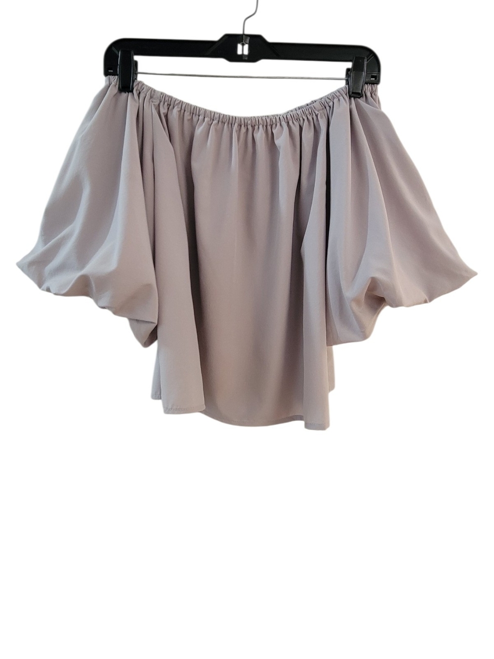 Elodie Off-Shoulder Flowy Crop Top With Short Balloon Sleeves in Light Taupe
